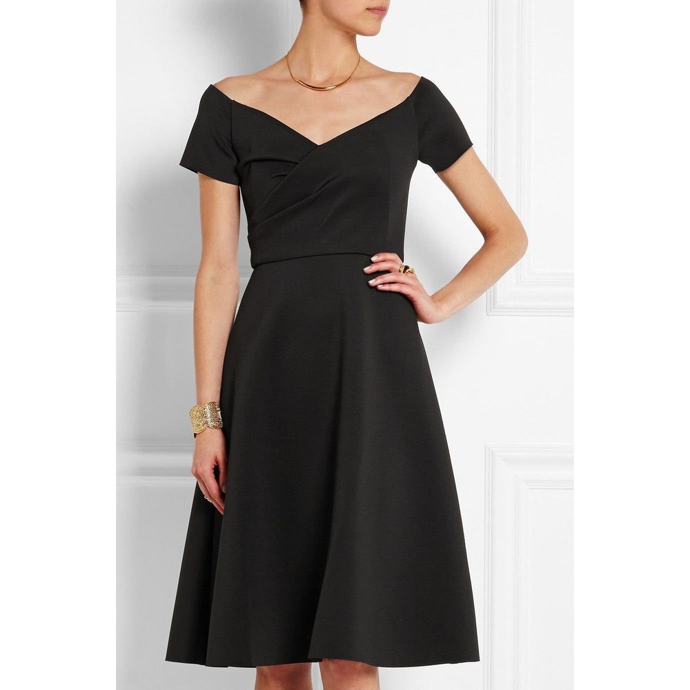 NWT Saloni | Drop-Shoulder Midi Dress US12 Black Crossover Bodice A-Line - Picture 1 of 11